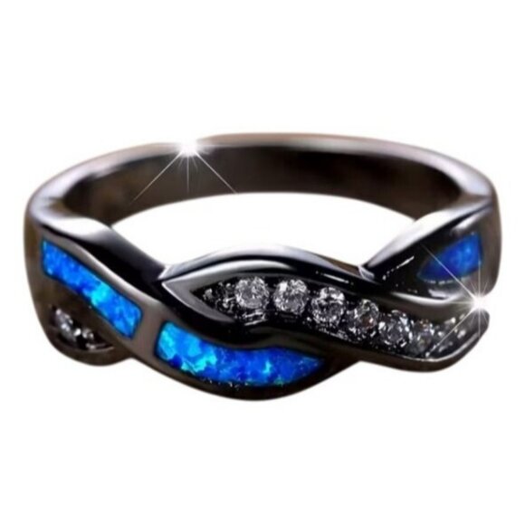 Blue Ethiopian Fire Opal eternity band wedding ring set with CZ set in Rhodium - Picture 1 of 5